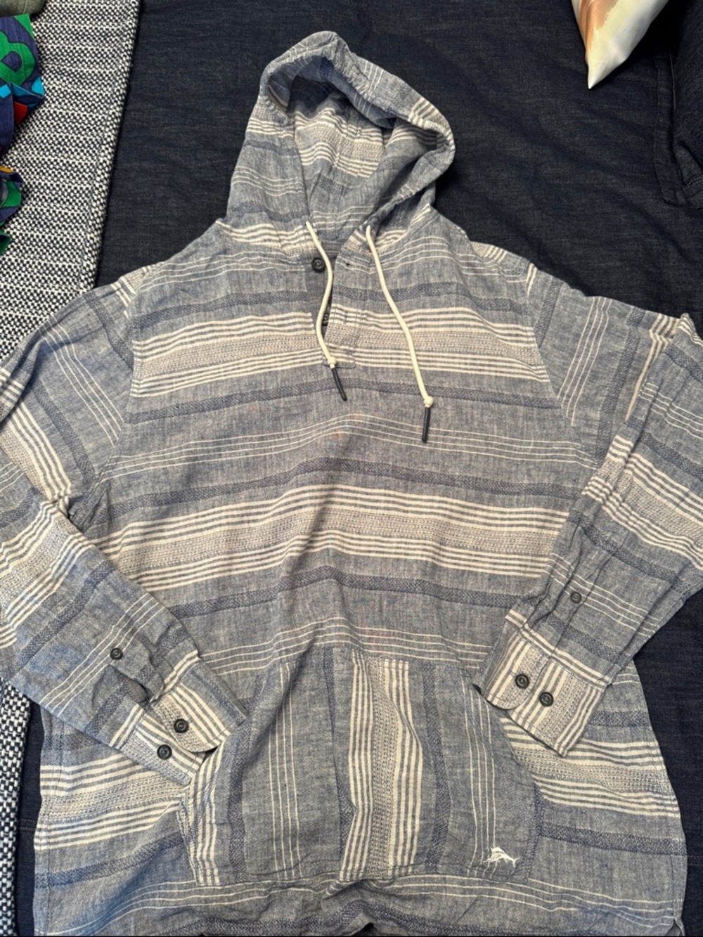 Tommy Bahama Blue and Cream Striped Hooded Pullover